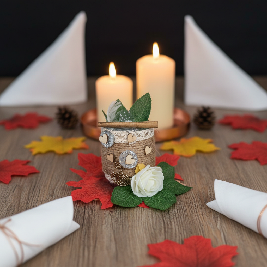 Petit pot en verre décoré de feuilles artificielles – Fait main