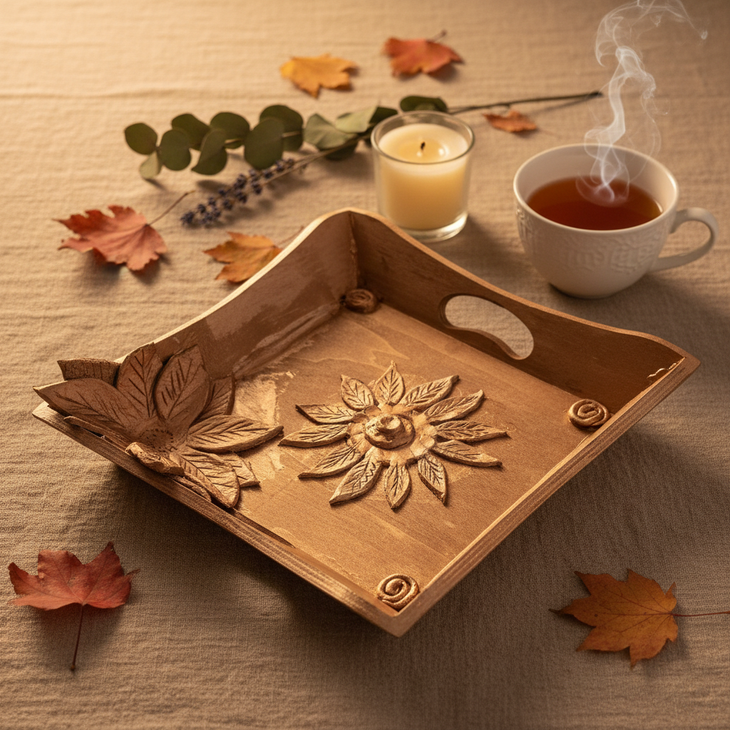 Plateau décoratif artisanal en bois et décoré avec des motifs en argile.
