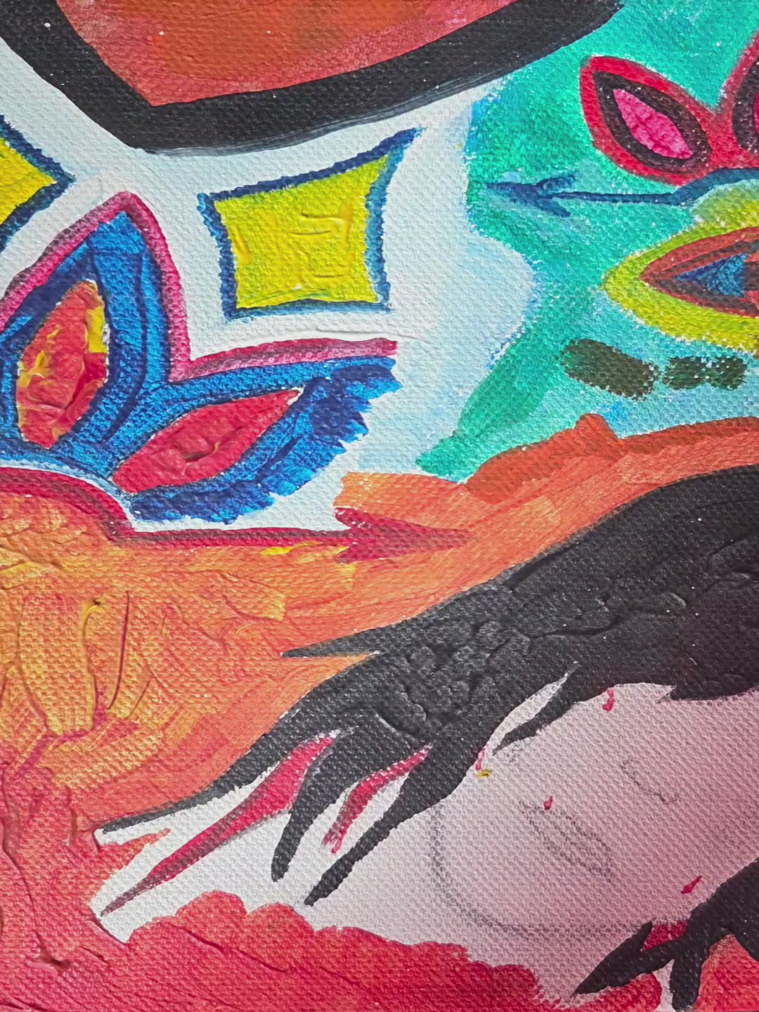Peinture sur Toile Visage et Motifs Géométriques, Œuvre d'Art Originale Énergie Vibrant