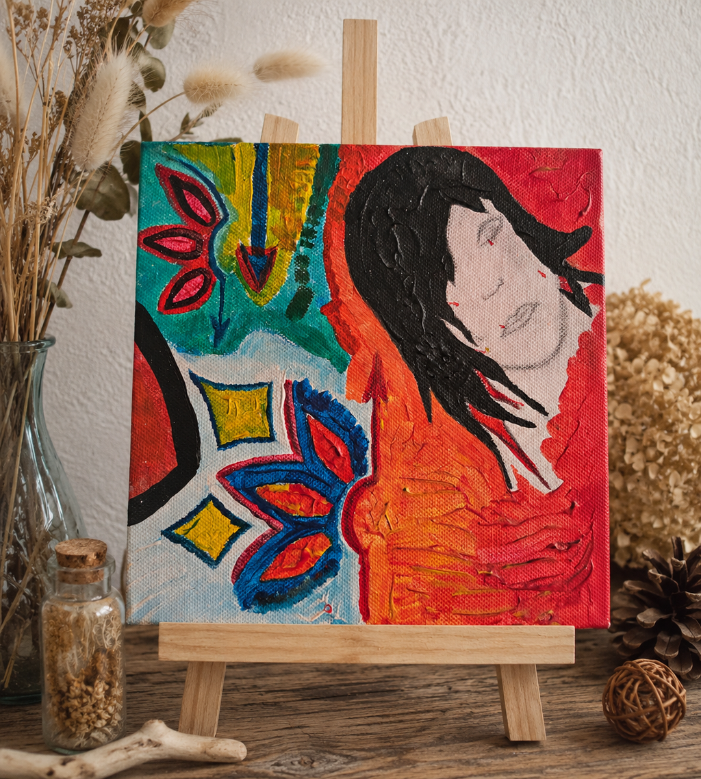 Peinture sur Toile Visage et Motifs Géométriques, Œuvre d'Art Originale Énergie Vibrant